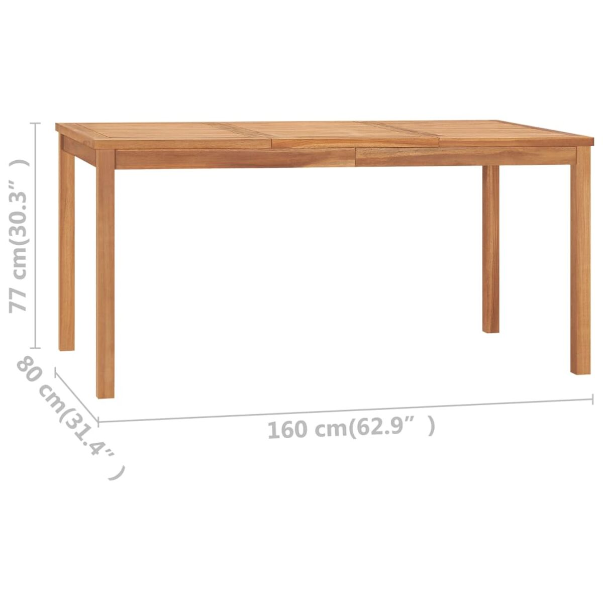 Esszimmertisch aus Holz für den Außenbereich mit Abmessungen in cm und Zoll.