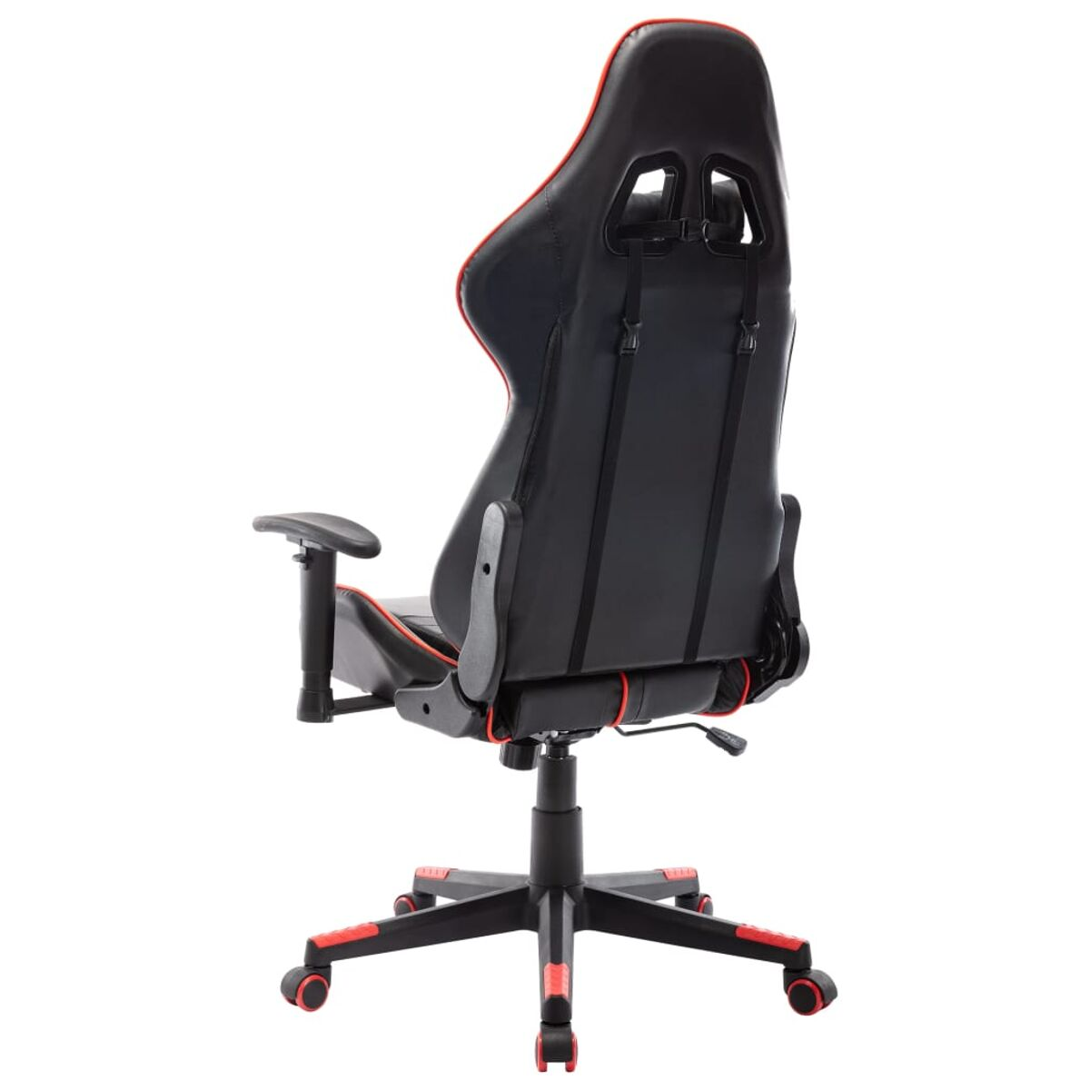 Gaming-Stuhl, schwarz mit roten Akzenten, Rückansicht.