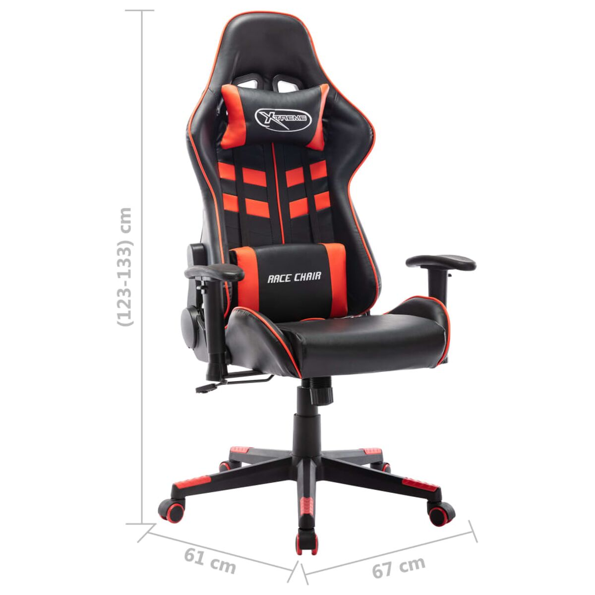 Schwarz-roter Gaming-Stuhl. Zeigt Abmessungen. Mit Kopfstütze, Lendenwirbelstütze und Armlehnen.