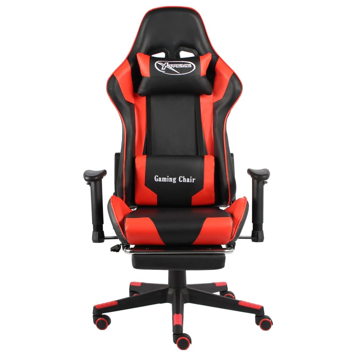 Gaming-Stuhl, rot und schwarz. Mit Kopfstütze, Lordosenstütze. Schwarze Basis, rote Akzente und Räder.