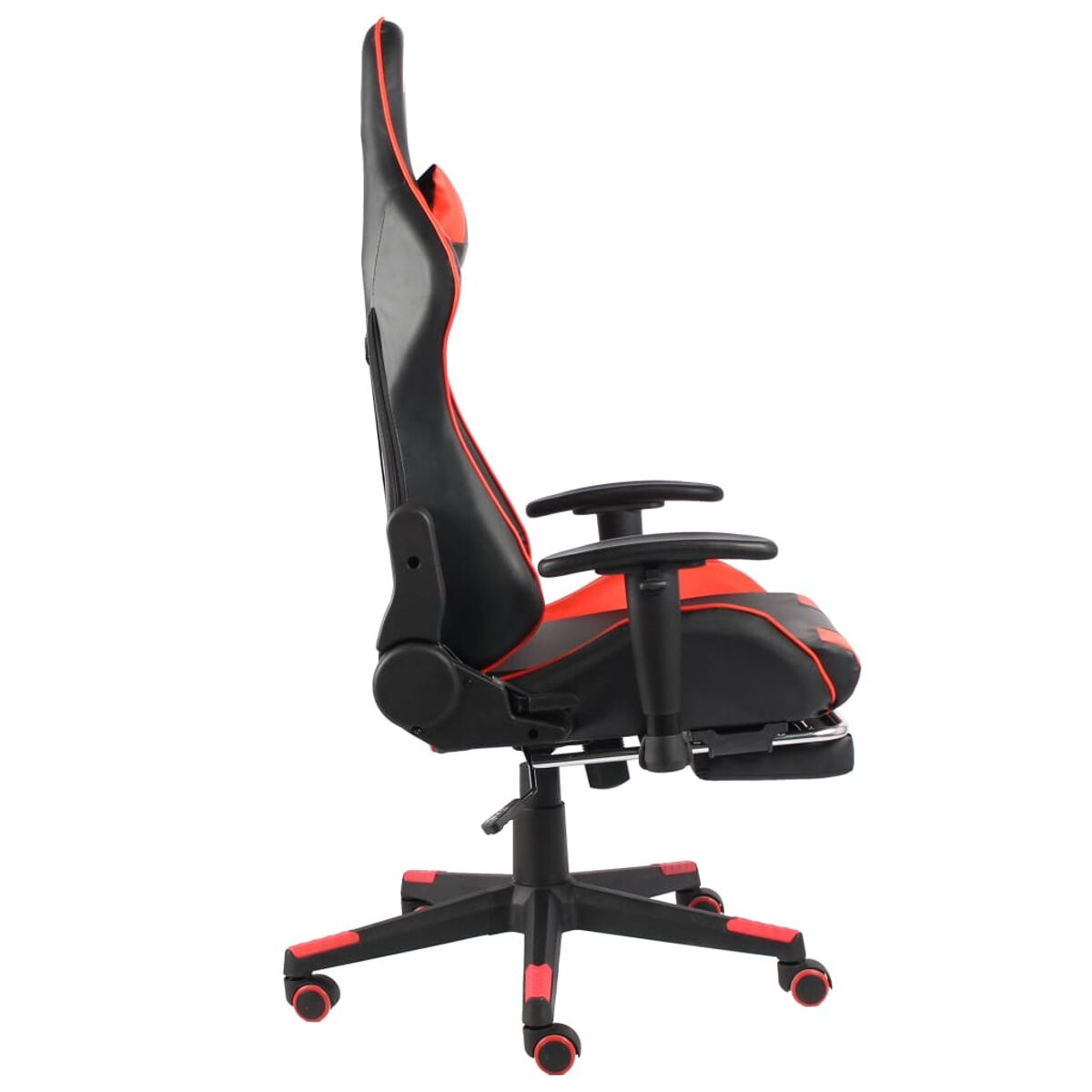 Seitenansicht eines schwarz-roten Gaming-Stuhls.