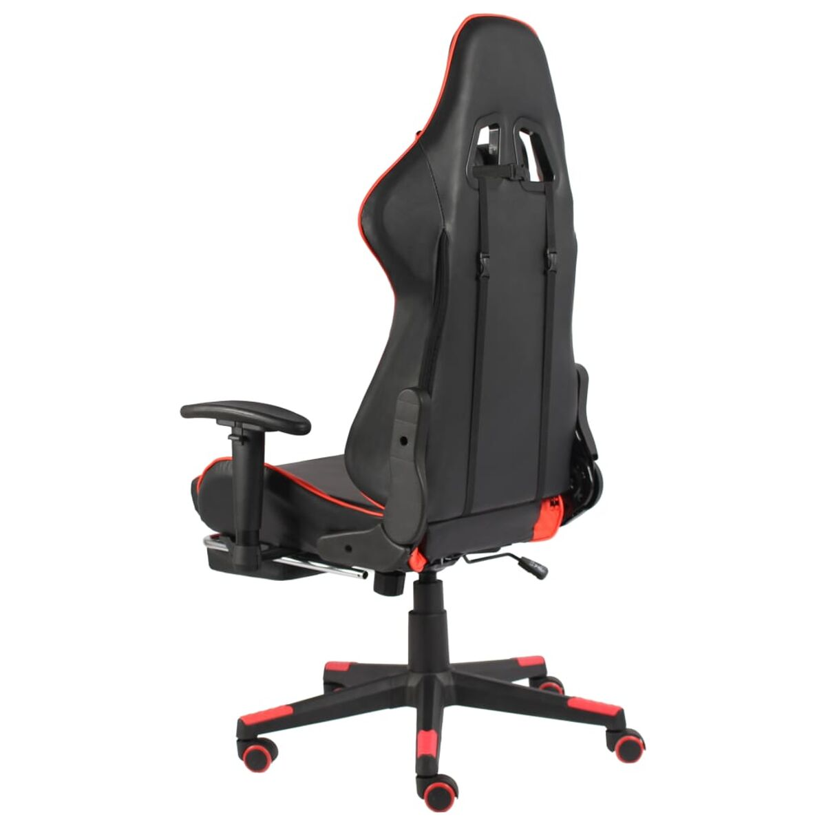 Gaming-Stuhl. Der Stuhl ist schwarz mit roten Akzenten. Er hat eine hohe Rückenlehne und ein Fünf-Sterne-Gestell.