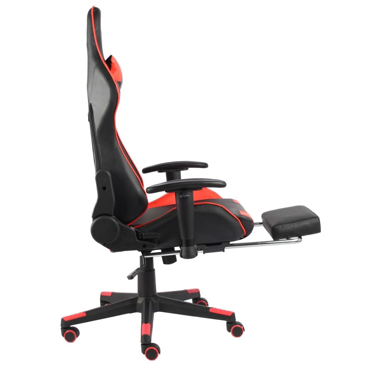 Gaming-Stuhl, schwarz und rot, mit Fußstütze, auf Rollen, von der Seite gezeigt, vor weißem Hintergrund.