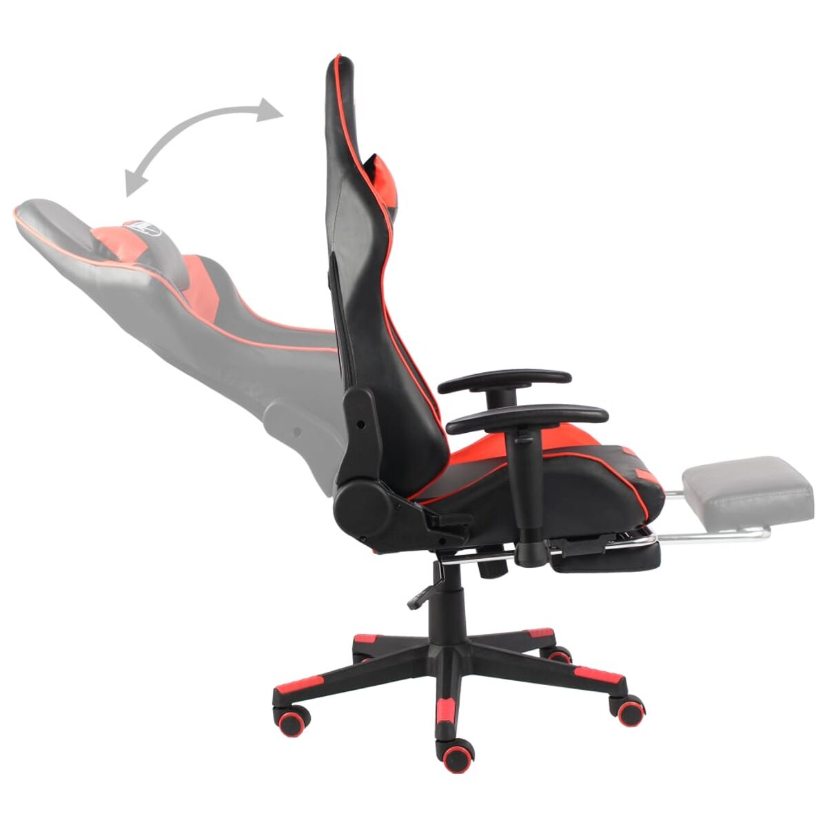 Gaming-Stuhl, schwarz und rot, Seitenansicht. Fußstütze ausgezogen. Pfeil zeigt Rückenlehne kippen.