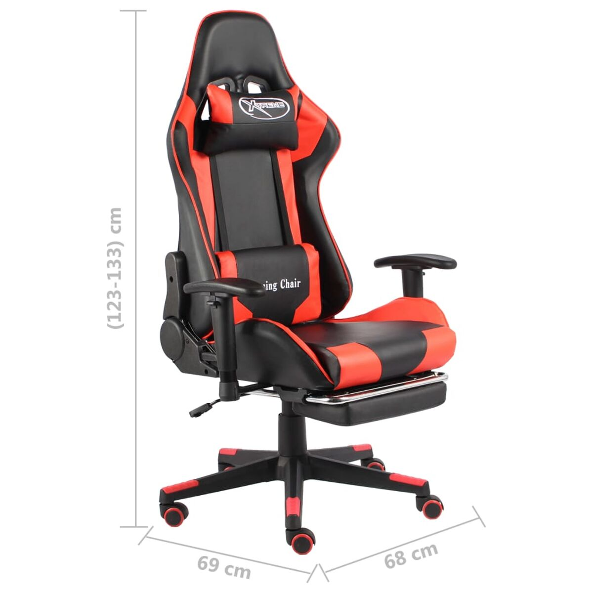 Roter und schwarzer Gaming-Stuhl. Maße des Stuhls sind angegeben: 69 cm x 68 cm, Höhe 123-133 cm.