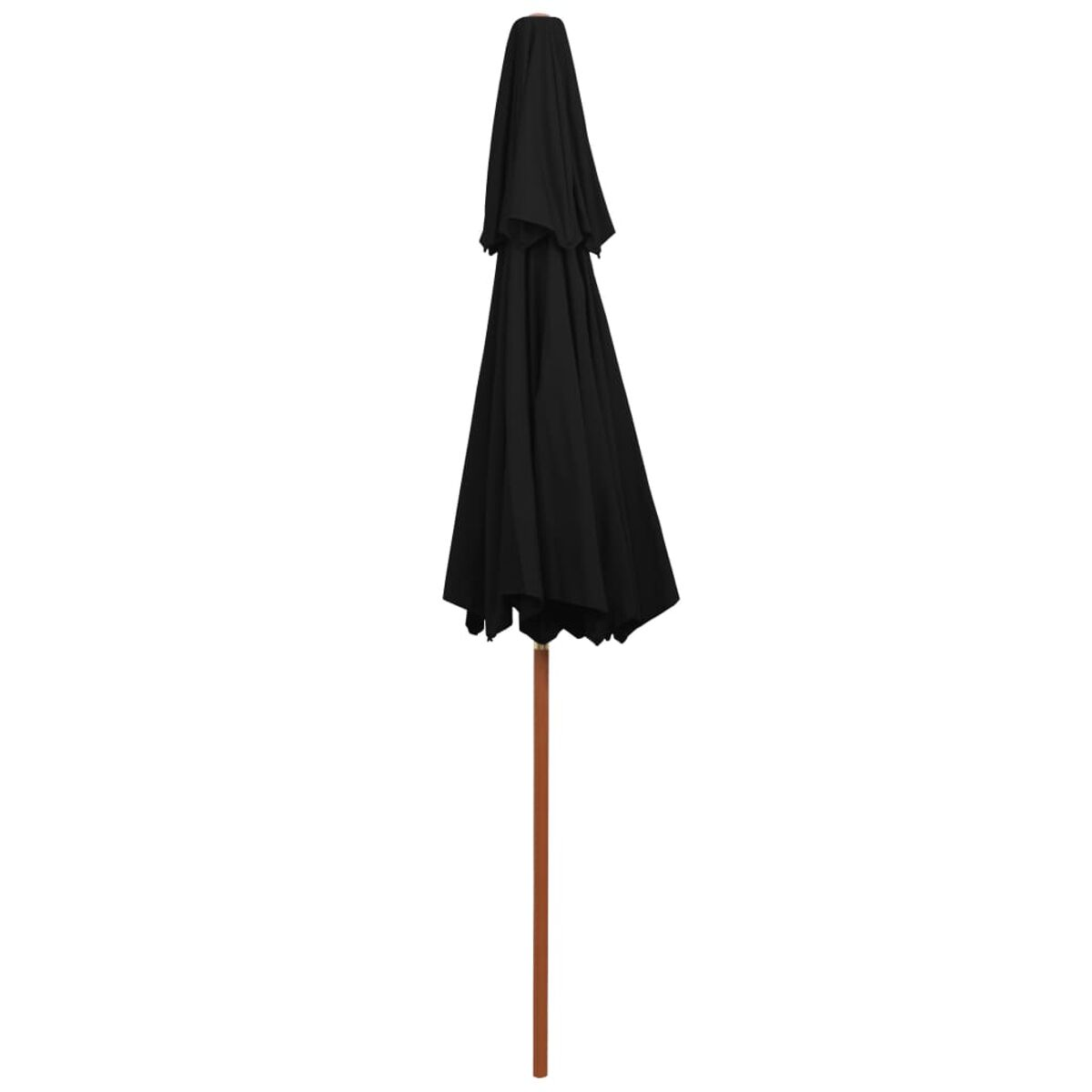 Geschlossener schwarzer Regenschirm mit Holzpfosten, isoliert auf Weiß. Einfaches, minimalistisches Design.