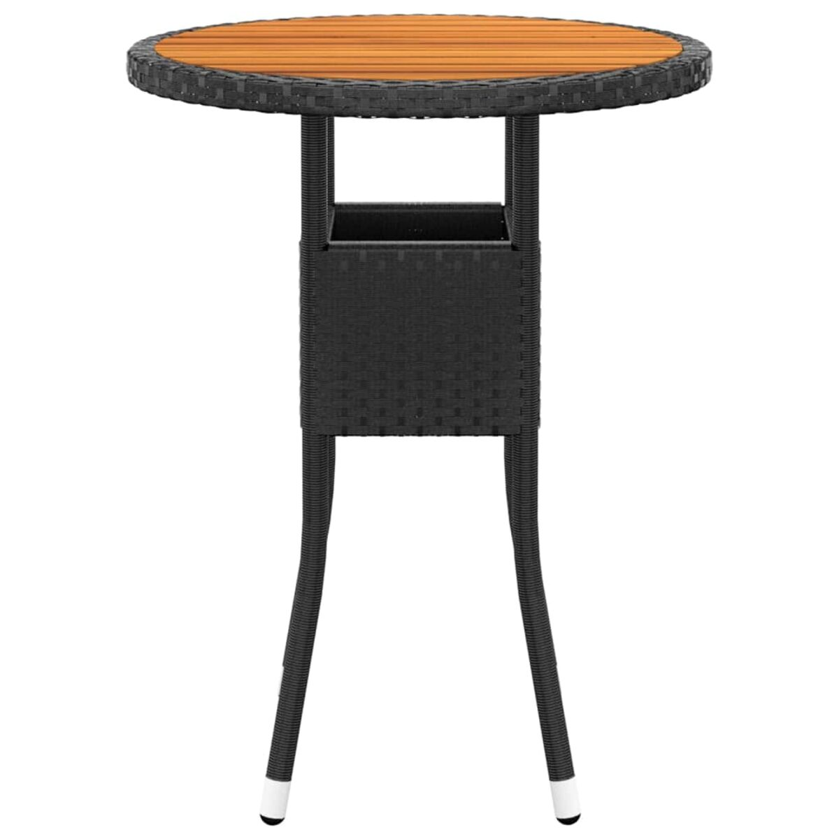Ein schwarzer und brauner runder Bartisch mit Korbgeflecht-Basis. Holzplatte.