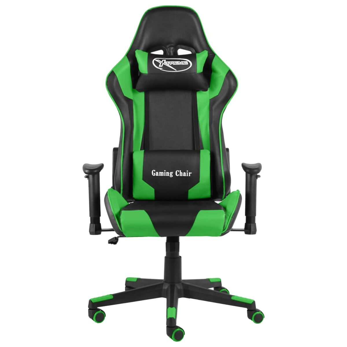 Sedia da gaming con dettagli verdi e neri. Ha un poggiatesta e supporto lombare.
