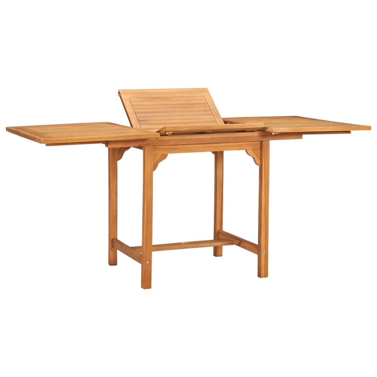 Holztisch für den Außenbereich mit ausziehbaren Blättern. Der Tisch ist aus hellbraunem Holz.