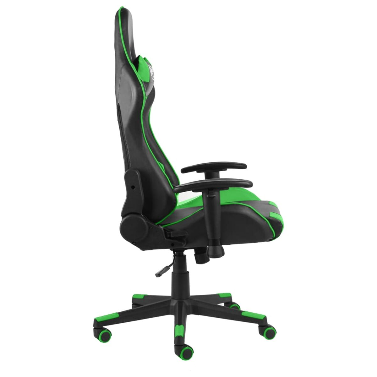Sedia da gaming con dettagli verdi e base nera. Vista laterale.