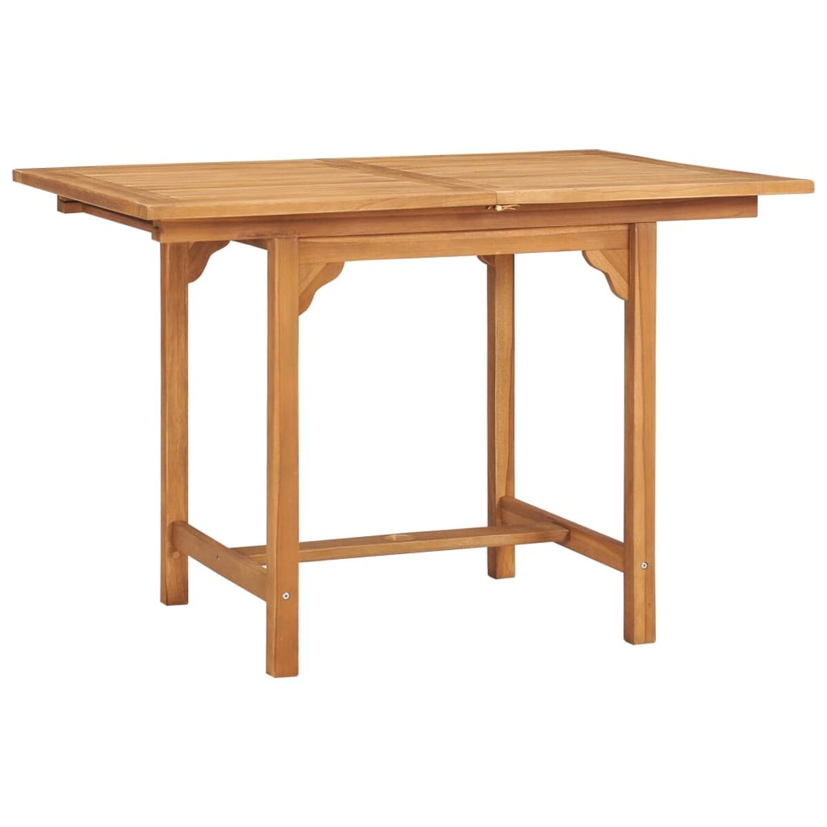 Ein rechteckiger Holztisch mit Klappblatt, vor weißem Hintergrund.