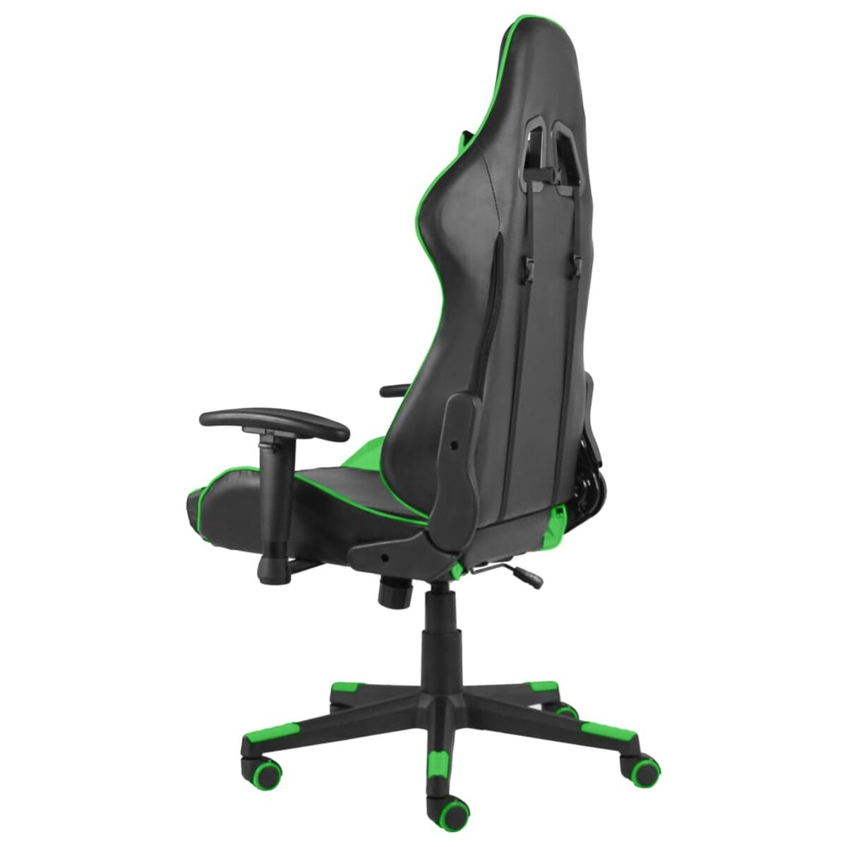 Sedia gaming, nera e verde, vista posteriore. Schienale alto, con braccioli e base a cinque ruote.