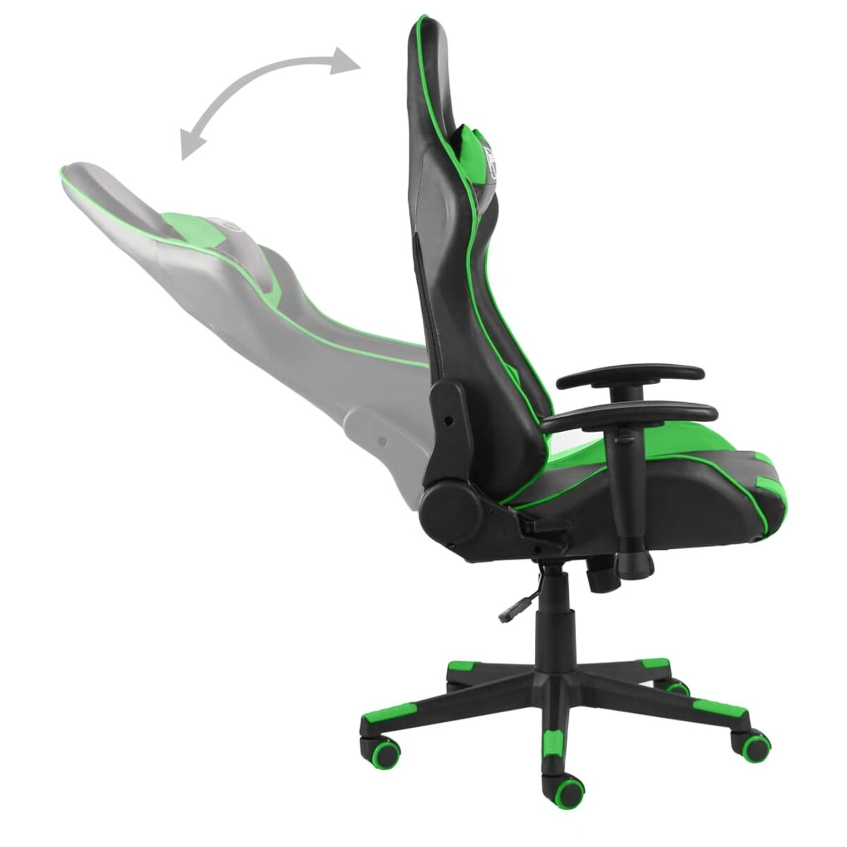 Sedia da gaming verde e nera inclinabile, vista laterale, su sfondo bianco.