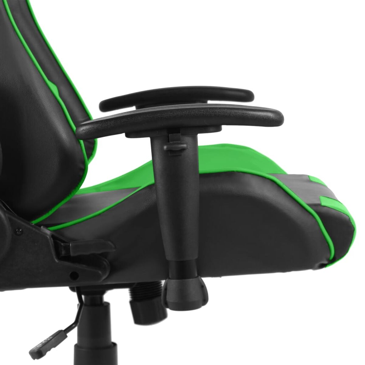Un primo piano del bracciolo di una sedia da gaming, che mostra i colori nero, verde e grigio.