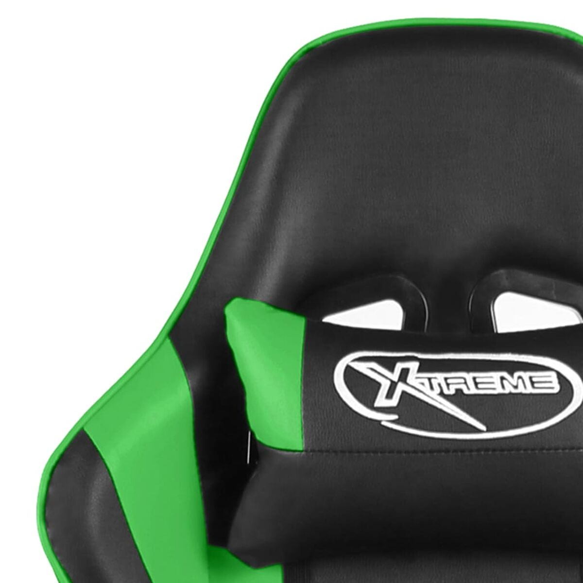Primo piano del poggiatesta di una sedia da gaming, nero e verde, con un logo bianco.