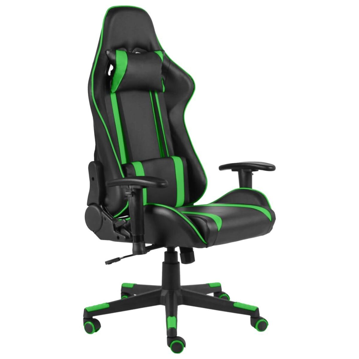 Una sedia da gaming nera e verde. Ha schienale alto, poggiatesta e braccioli.