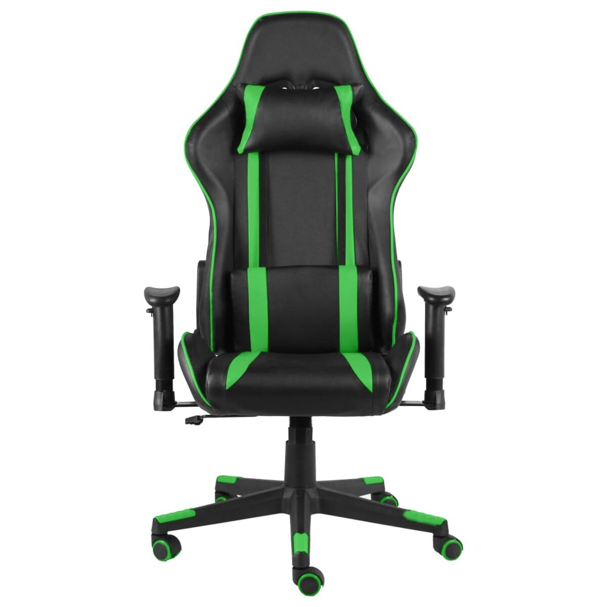 Una sedia da gioco nera e verde con braccioli e ruote è esposta su sfondo bianco.