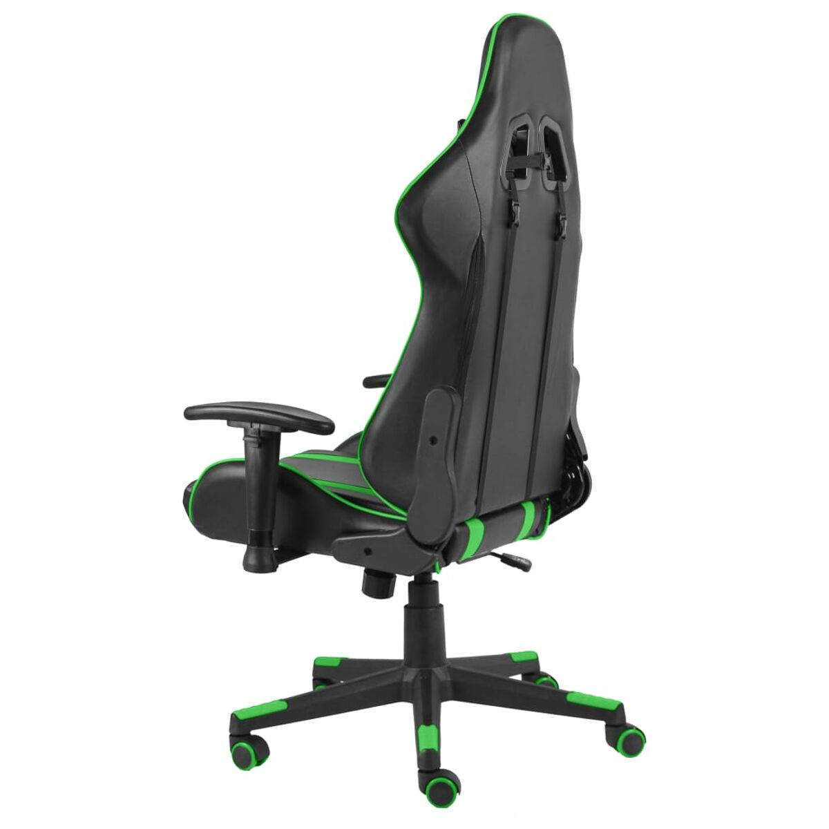 Sedia da gioco nera e verde. Vista da dietro. Dettagli e base verdi.