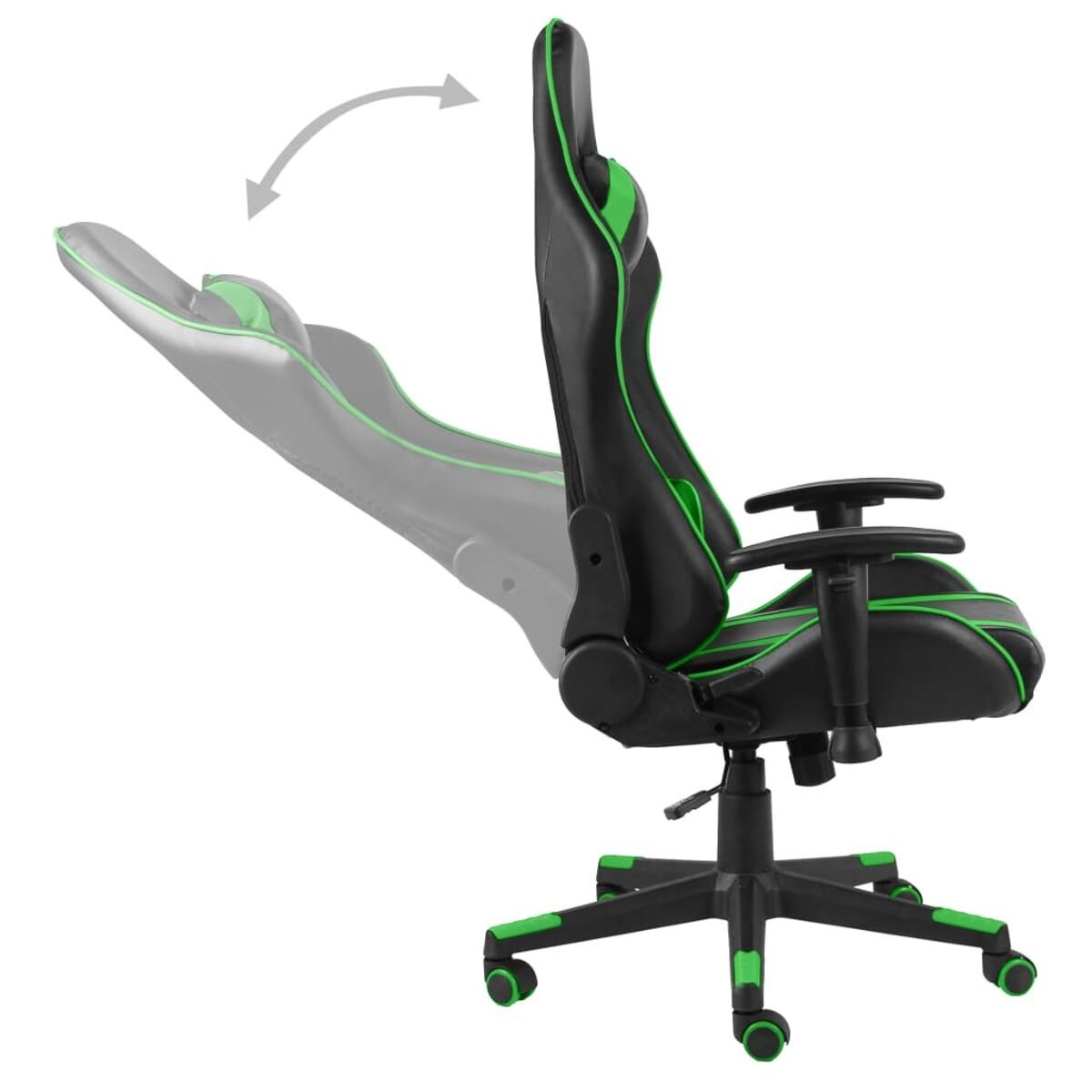 Sedia da gaming nera e verde con schienale reclinabile. Sfondo bianco.