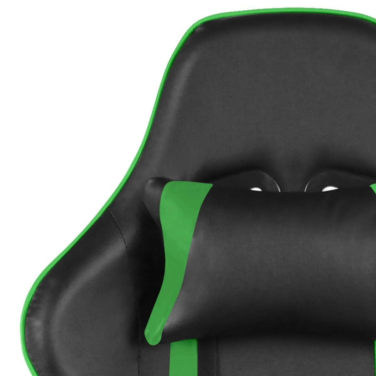 Primo piano di una sedia da gaming con pelle nera, rifiniture verdi e cuscino per la testa.