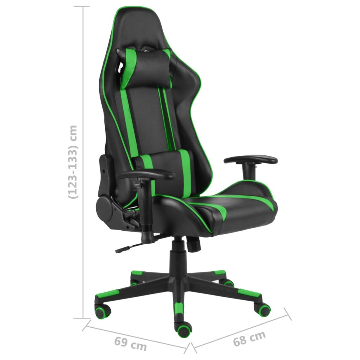 Sedia da gaming, nera con strisce e dettagli verdi, regolabile in altezza.