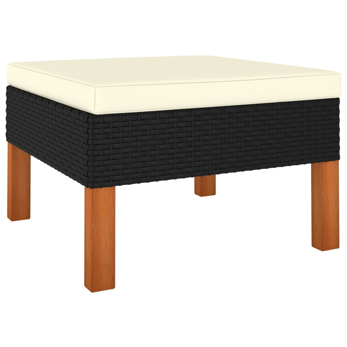 Ein schwarz-weißer gewebter Hocker mit Holzbeinen. Weißer Hintergrund.