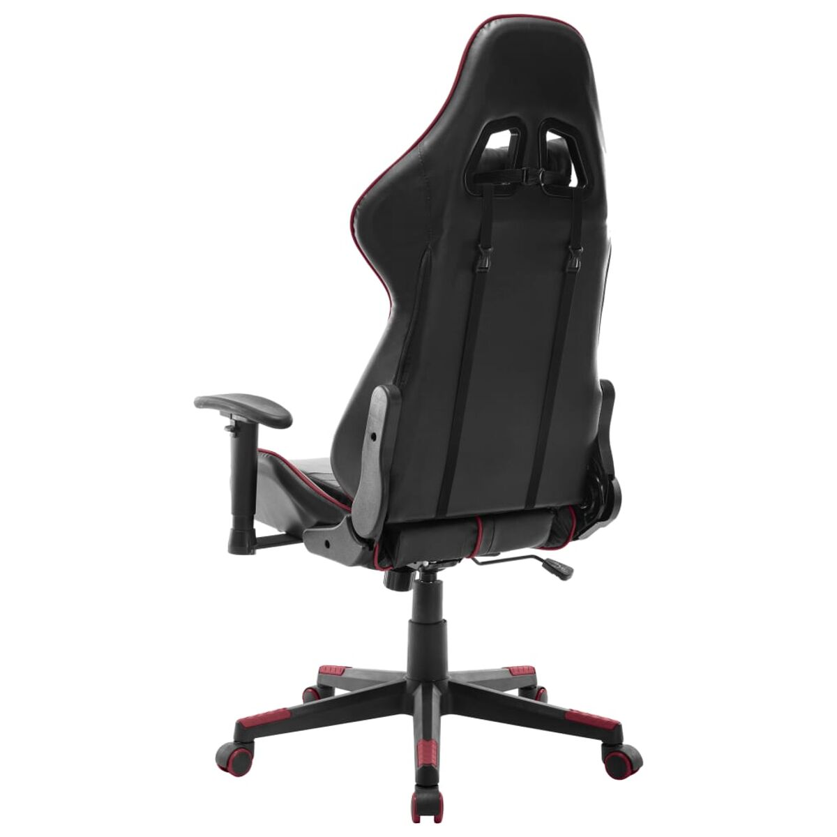 Rückansicht eines schwarz-roten Gaming-Stuhls. Er hat eine hohe Rückenlehne und steht auf einem rollbaren Gestell.