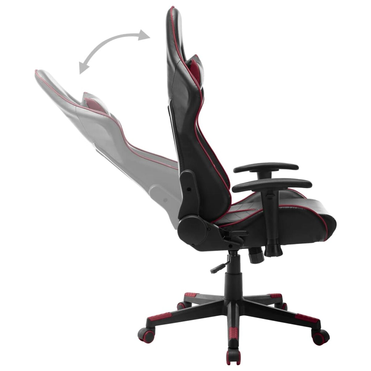Schwarzer Gaming-Stuhl in Liegeposition, roter Besatz, isoliert.