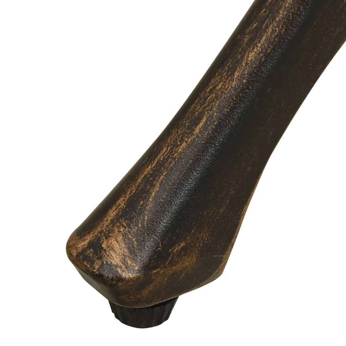 Nahaufnahme eines dunkelbraunen Stuhlbeins mit schwarzem Fuß.