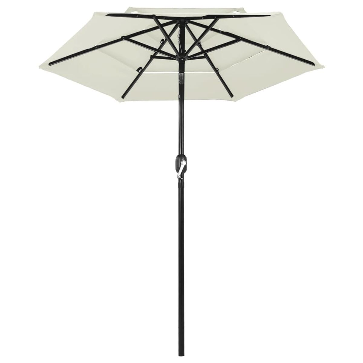 Ein offener cremefarbener Regenschirm mit schwarzem Mast und Gestell, von unten gesehen.