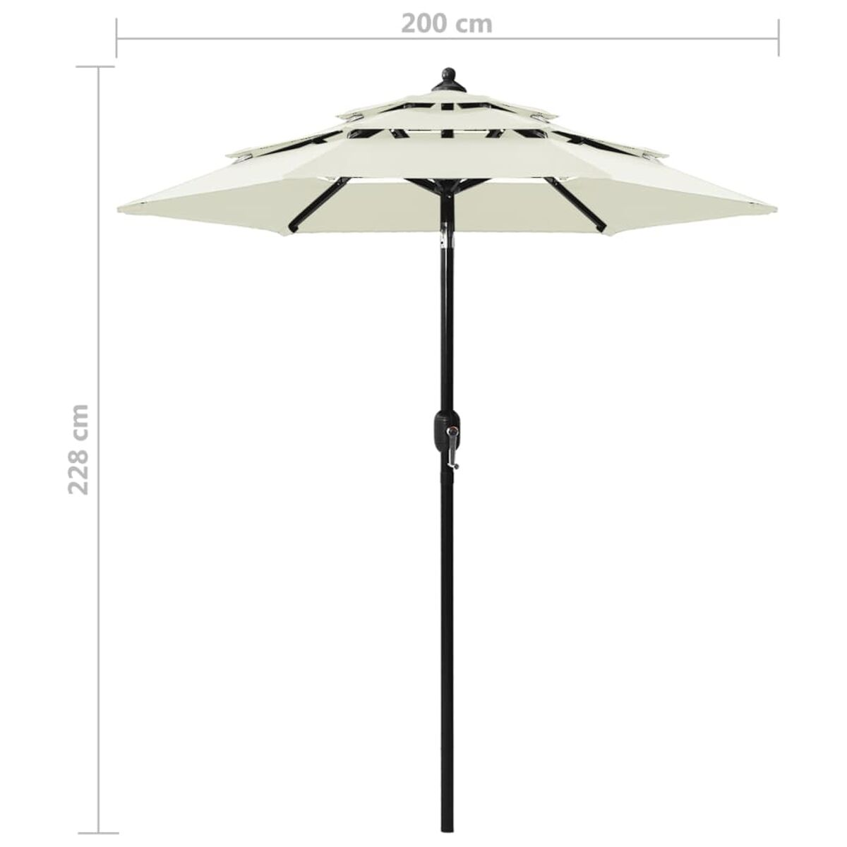 Weißer, mehrstufiger Sonnenschirm mit schwarzem Mast. Abmessungen von 200 cm x 228 cm sind sichtbar.