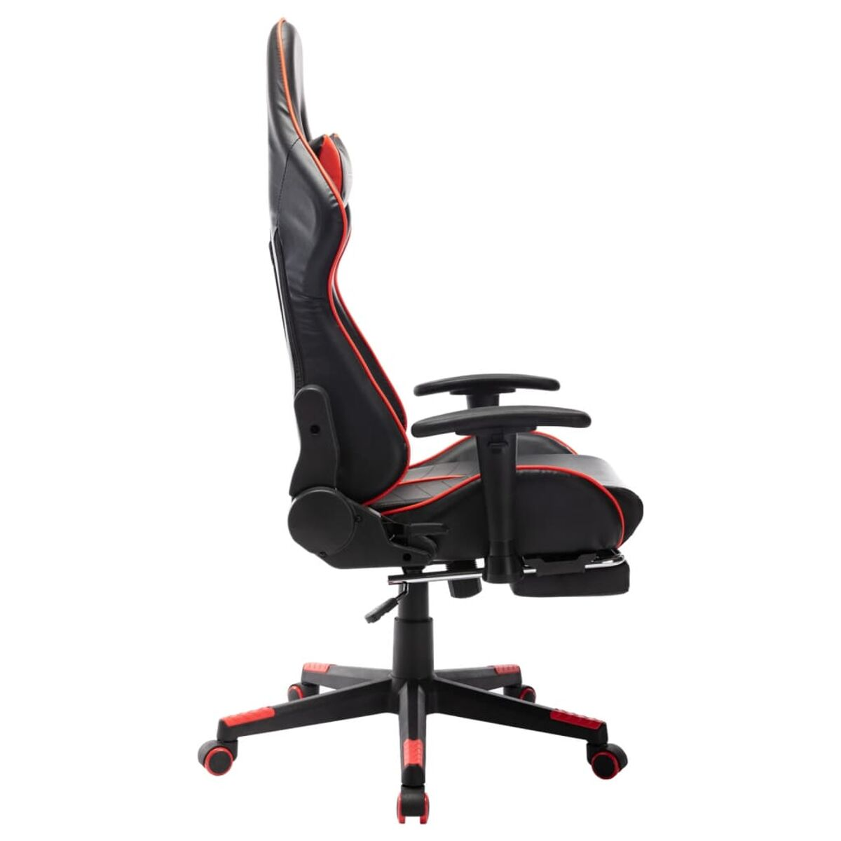 Ein schwarz-roter Gaming-Stuhl wird seitlich vor weißem Hintergrund gezeigt.