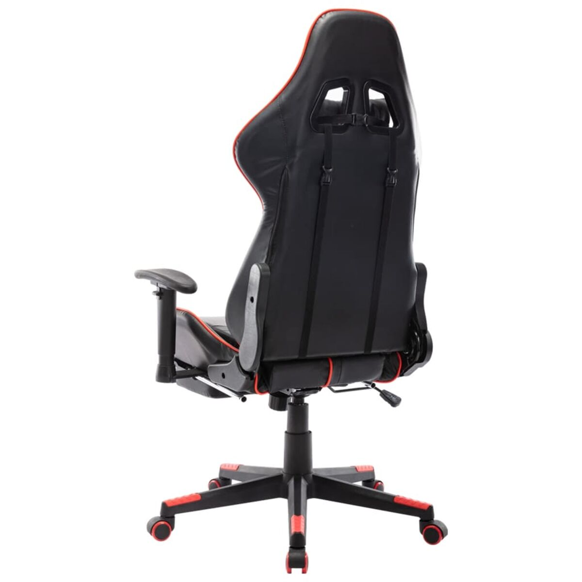 Gaming-Stuhl, schwarz mit roten Akzenten. Rückansicht, zeigt die Rückseite.