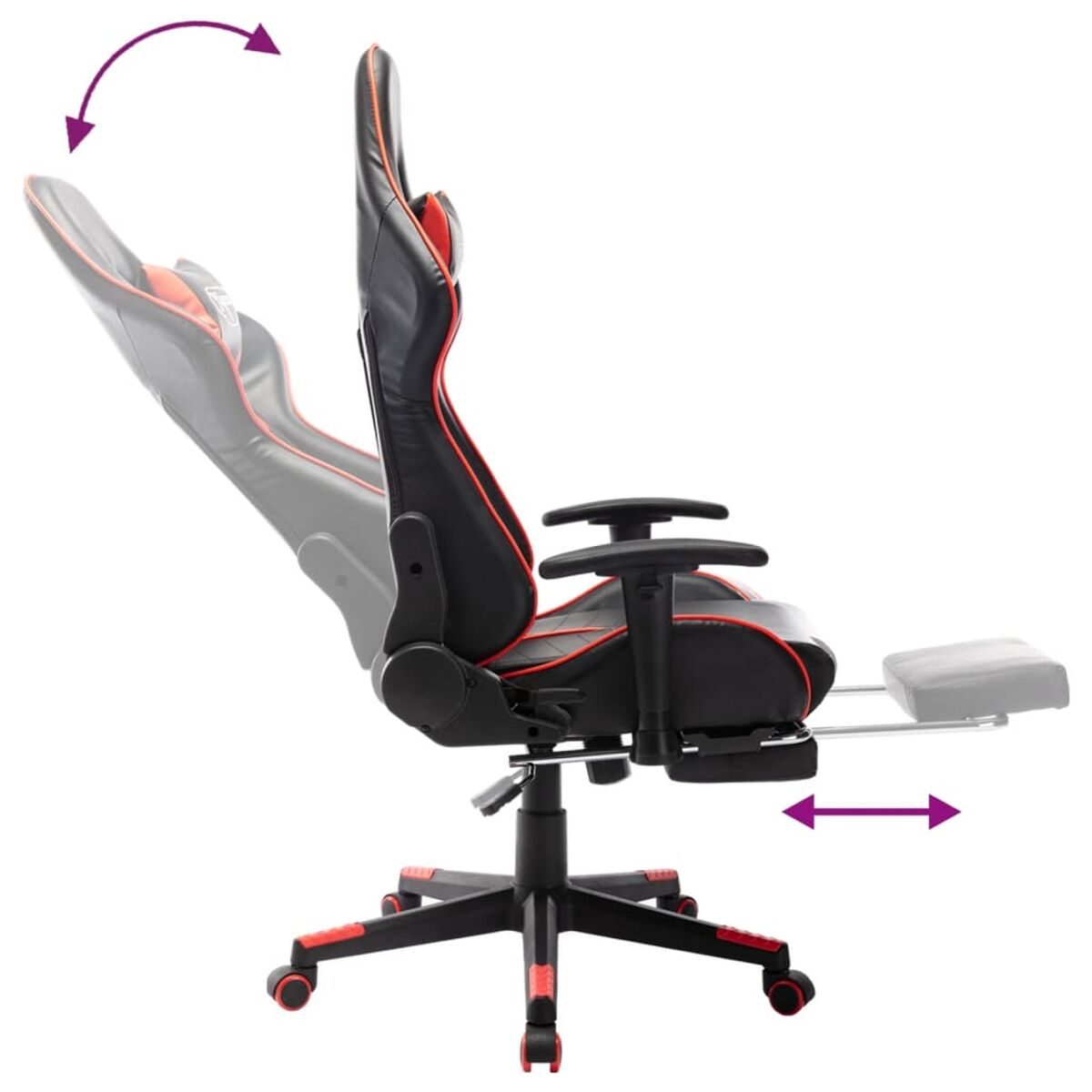 Gaming-Stuhl in Schwarz und Rot. Er hat rote Rollen, Armlehnen und eine Fußstütze.