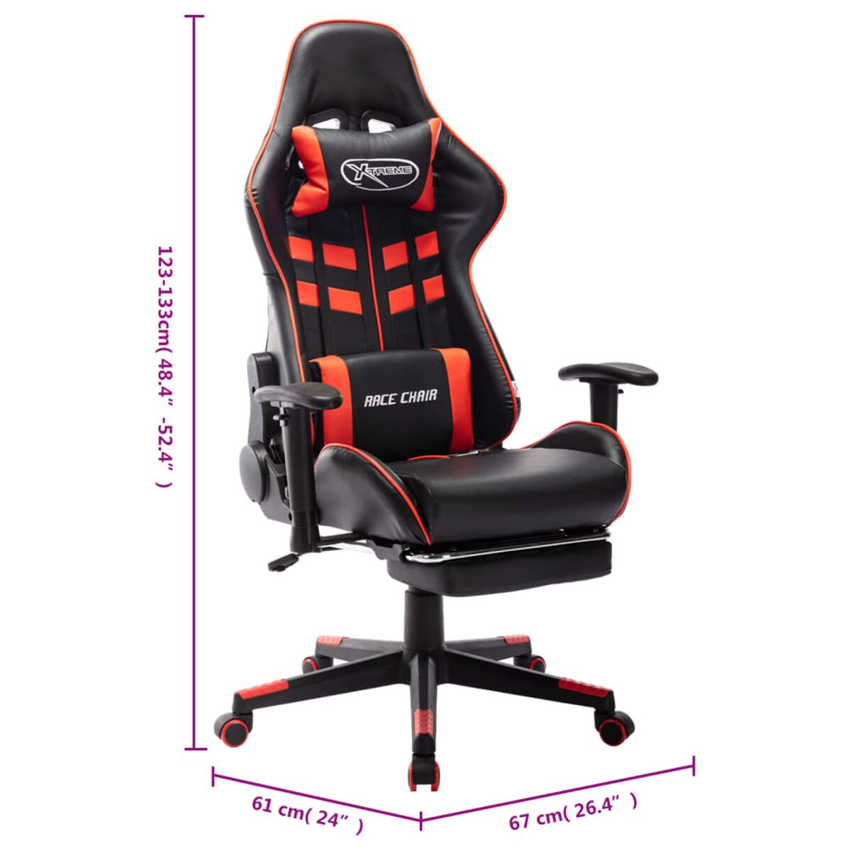 Schwarz-roter Gaming-Stuhl. Vorderansicht. Inklusive Fußstütze. Abmessungen 123-133x61x67 cm.