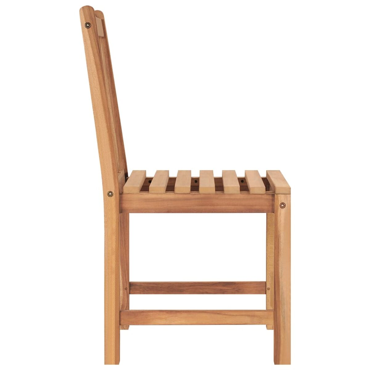 Holzstuhl im Profil. Der Stuhl hat eine Lattenlehne und Sitzfläche. Braune Holzfarbe auf weißem Grund.