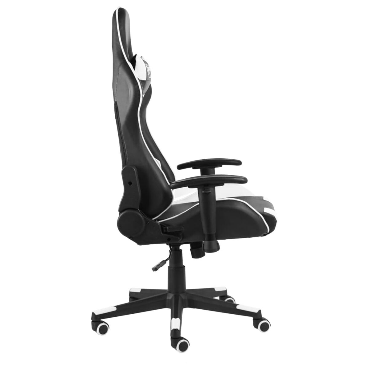 Gaming-Stuhl, schwarz-weiß, Seitenansicht, Räder, verstellbar, freigestellt.