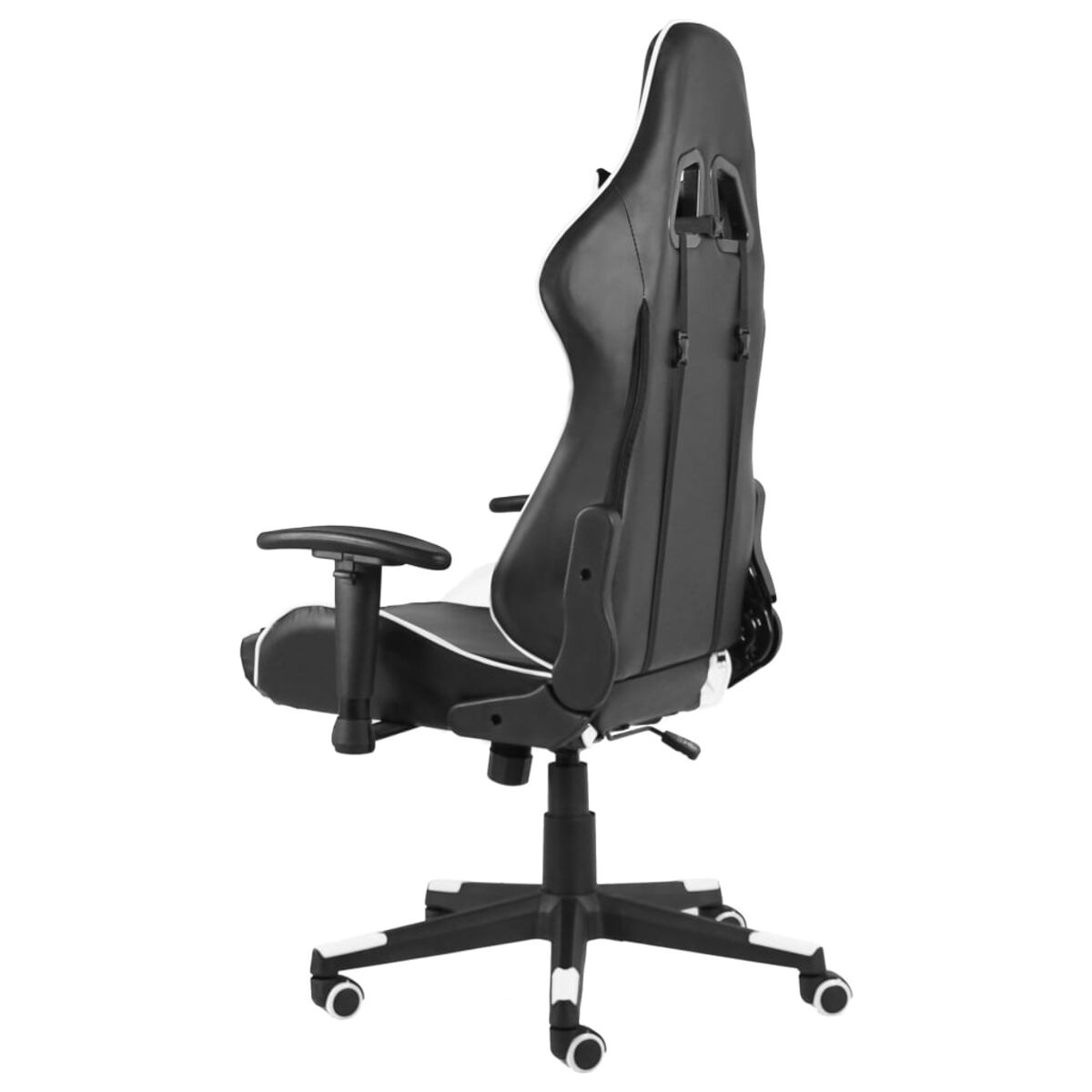 Gaming-Stuhl, Rückansicht. Schwarz, Weiß und Grau mit weißem Hintergrund.
