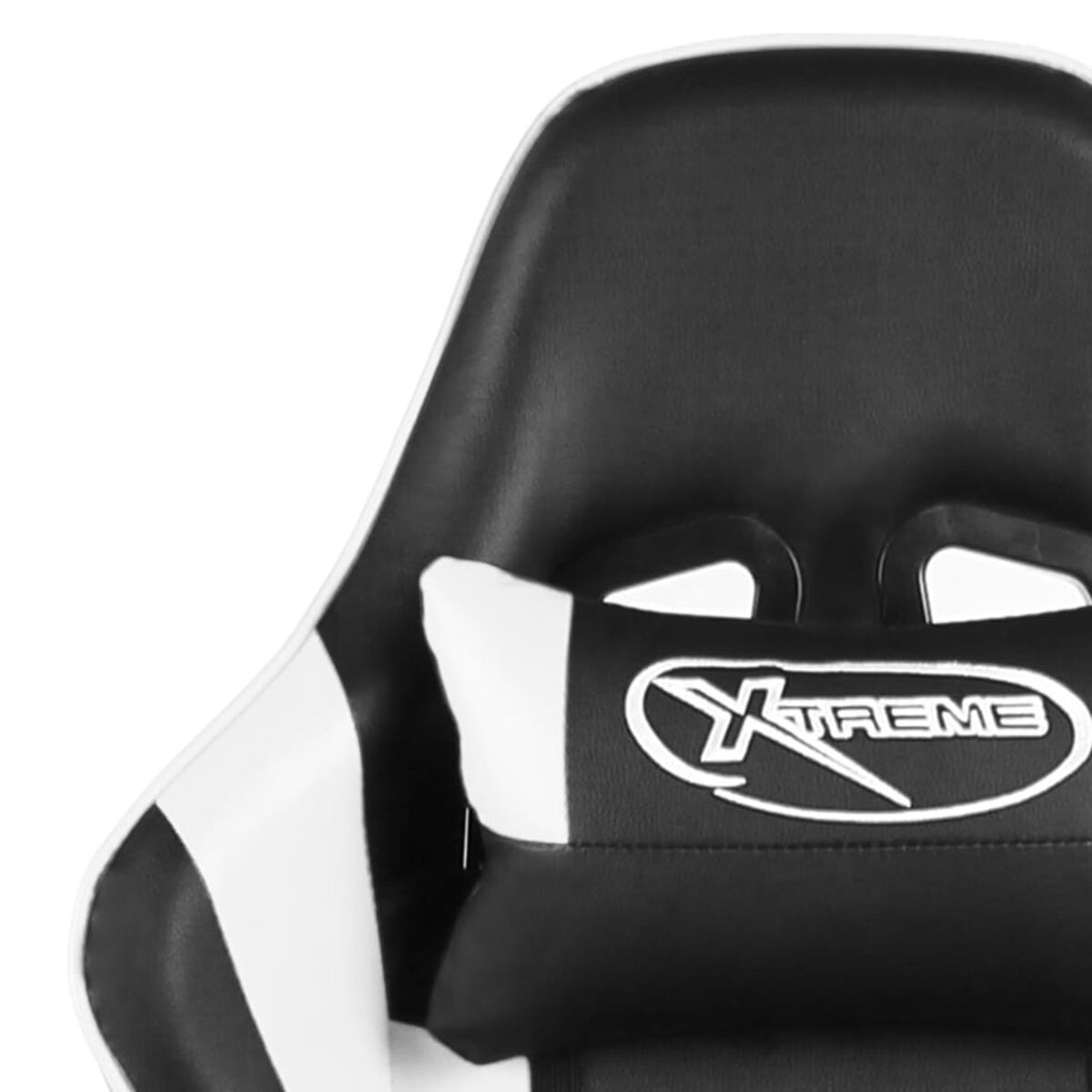 Schwarzer und weißer Gaming-Stuhl mit weißer Kopfstütze und dem Wort „XTREME“ darauf.