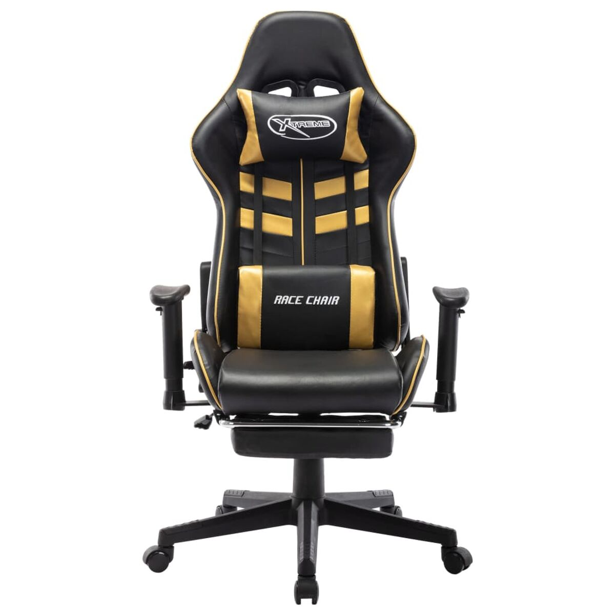 Sedia da gaming nera e oro con poggiatesta.