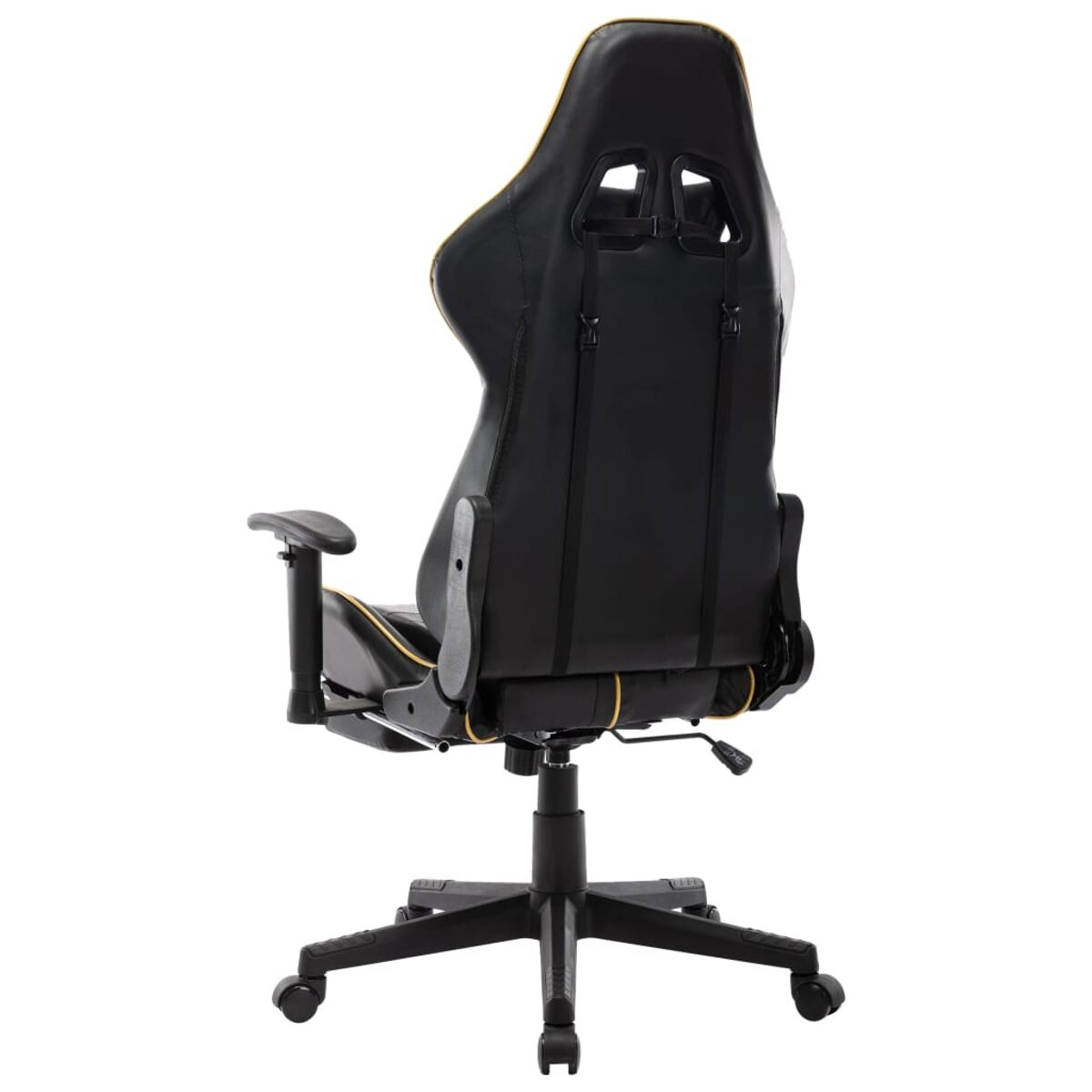 Vista posteriore di una sedia da gioco nera e oro con ruote e base a cinque stelle.