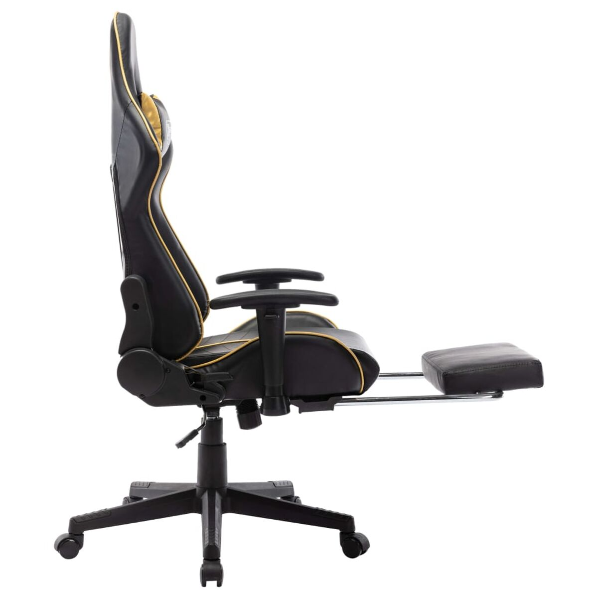 Sedia da gaming nera e oro con poggiapiedi.