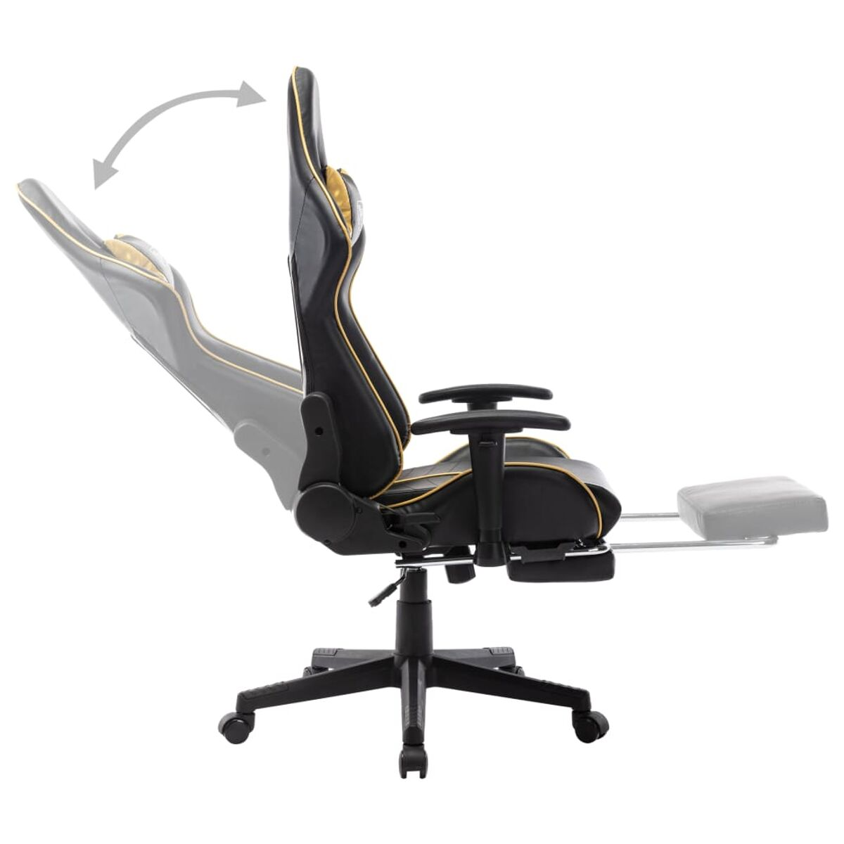 Sedia da gaming nera e oro con funzione reclinabile. Sfondo bianco.