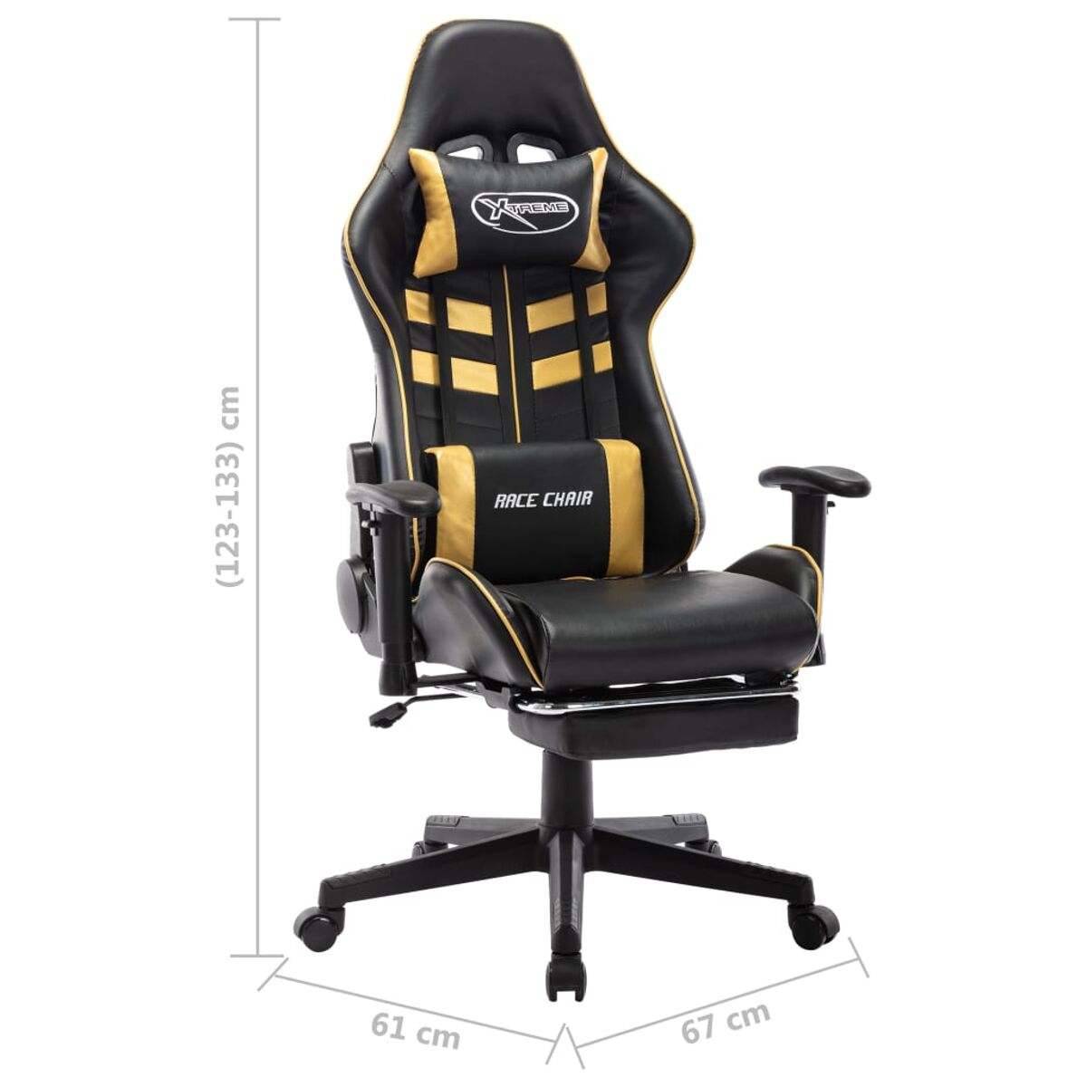 Una sedia da gaming nera e dorata con dimensioni indicate (123-133) cm altezza, base 61x67cm.