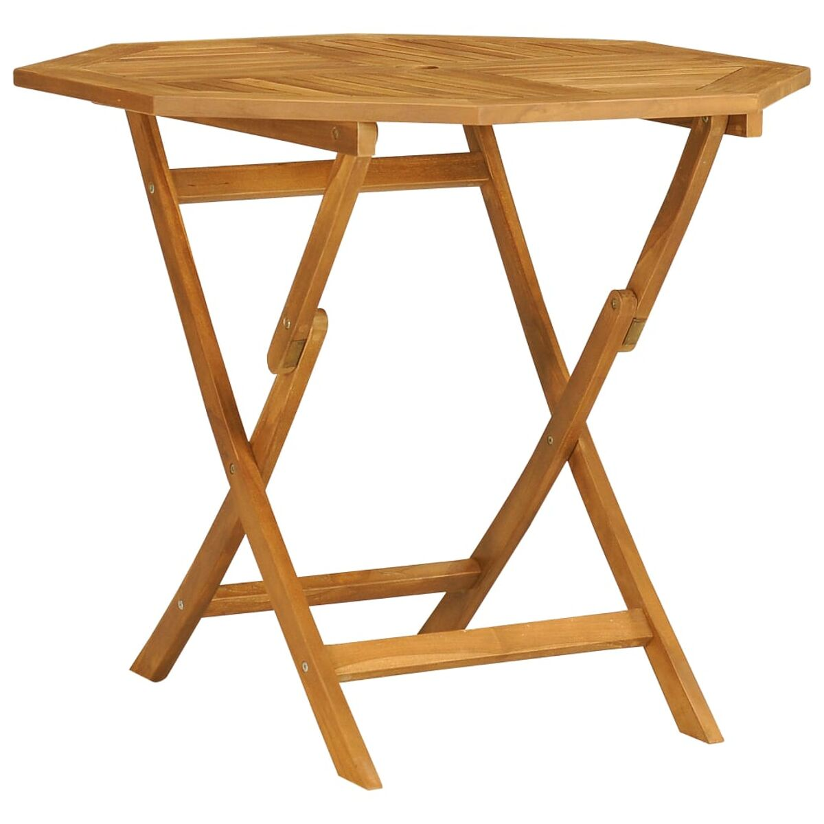 Ein klappbarer Holztisch mit sechseckiger Platte und gekreuzten Beinen.