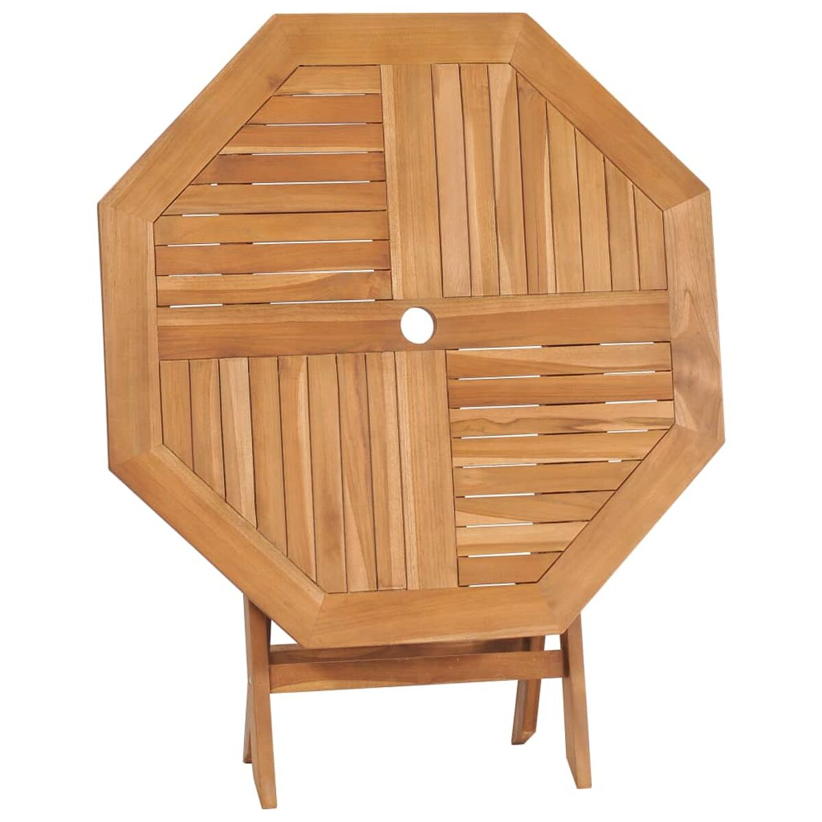 Achteckiger Holztisch mit Klappbein. Die Tischoberfläche hat eine hellbraune Farbe.