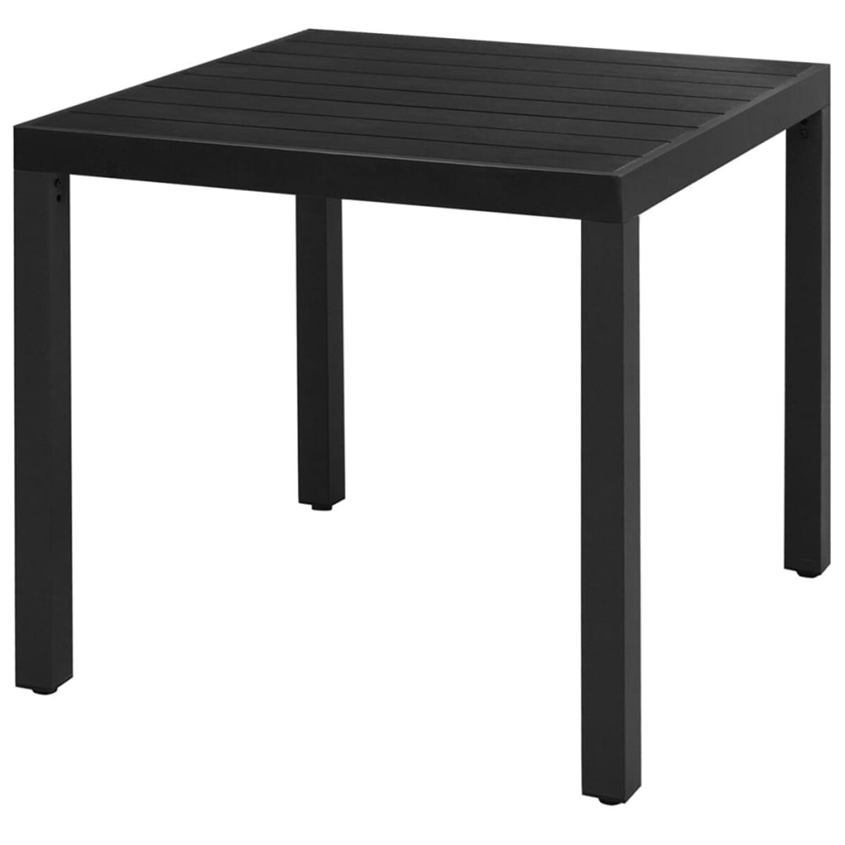 Ein quadratischer schwarzer Gartentisch mit schwarzen Beinen. Der Tisch ist leer.