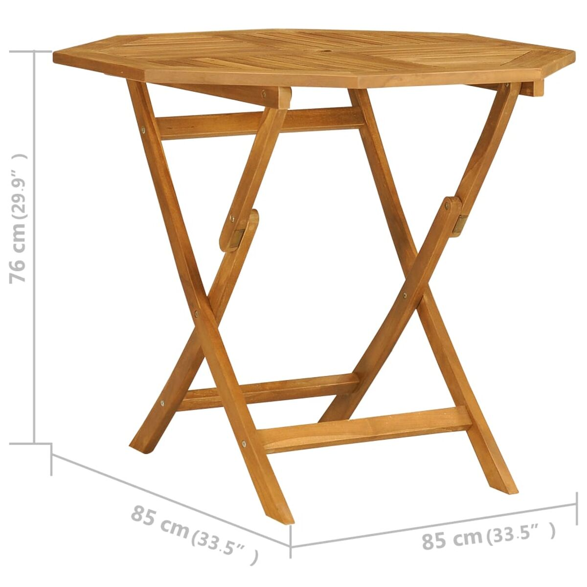Achterkant: Achteckiger Klapptisch aus Holz mit X-förmigem Fuß.