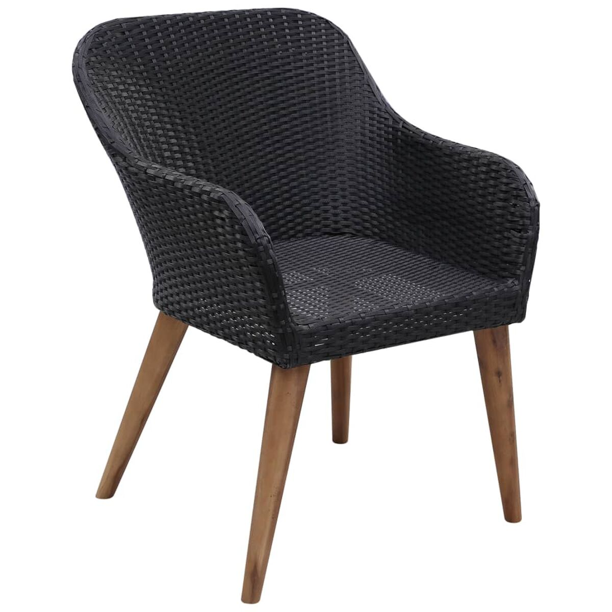Schwarzer Rattan-Stuhl mit Holzbeinen, Seitenansicht, auf weißem Hintergrund.