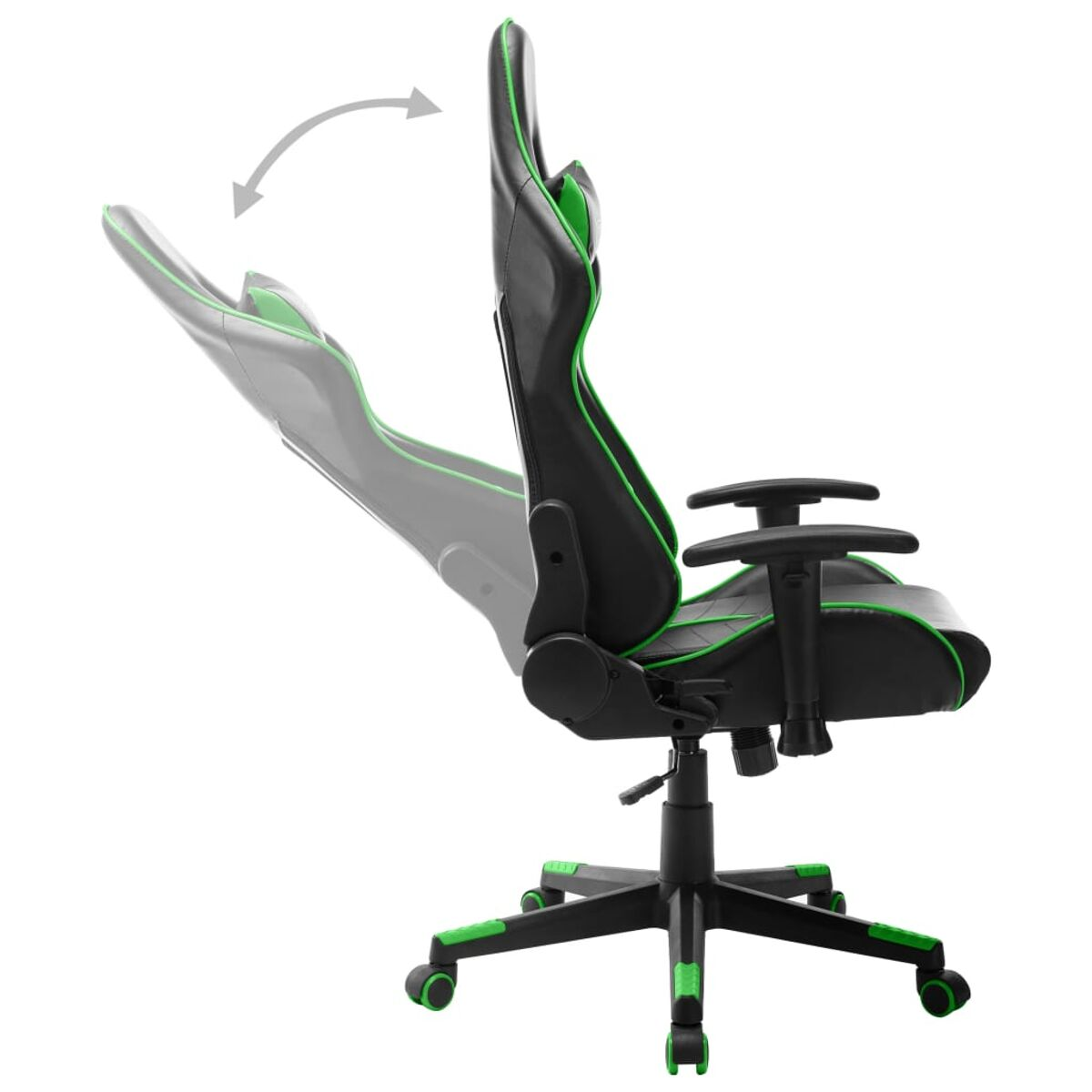 Sedia da gaming nera e verde, schienale regolabile, vista laterale.